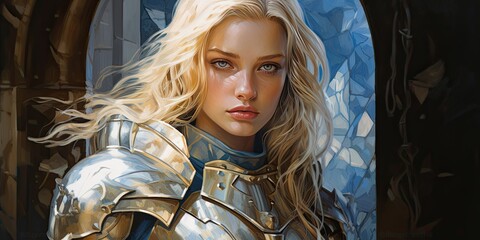 illustration of knight, blonde haired blue eyed gold and white armor, generative AI - obrazy, fototapety, plakaty