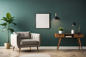 Home interior mock up poster with two vertical posters, potted plant and lamp against green wall background. Template