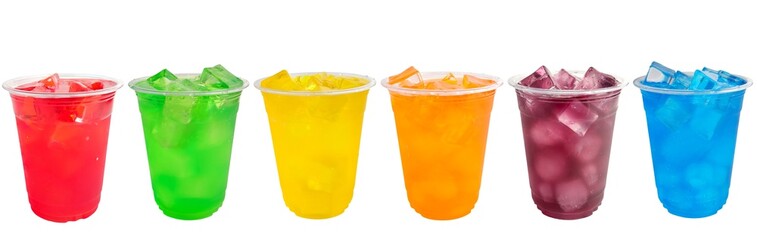 Different of delicious colourful drinks in transparent plastic glass isolated on white background with clipping path. Coloured refreshing cold drinks, colorful summer drinks.