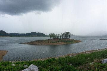 Island in the middle of the water inside Pranburi Dam