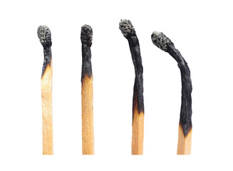 Set of burnt wooden stick, matchsticks stand in row isolated on white background with clipping path.