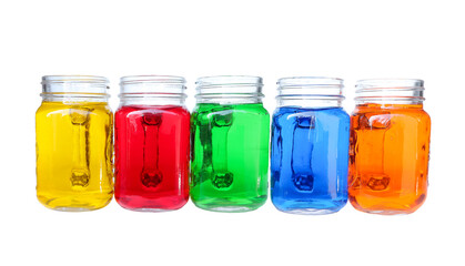 Different of delicious colourful drinks in transparent glass isolated on white background with clipping path. Colorful summer drinks.