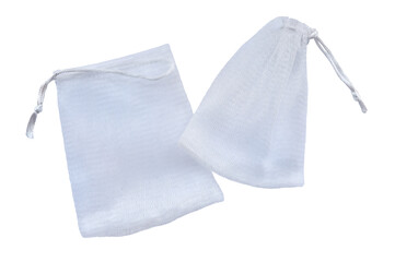 Foaming net for face wash, Mesh soap bag isolated on white background with clipping path. Close up, Top view of facial washing net bag.