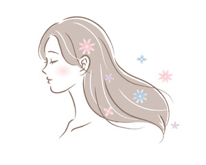 お花とロングヘアの女性の横顔のイラスト