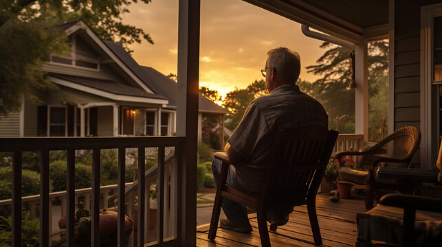 Evening Reflection: An image of a retiree gazing at a sunset from their porch