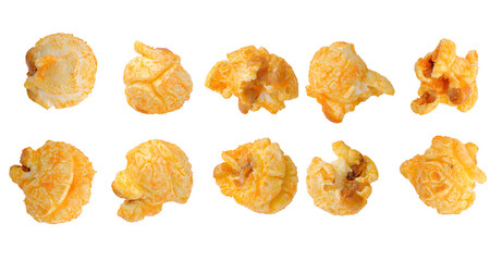 Set of multiple different foreshortenings popcorn cheese snack on a white background with clipping...