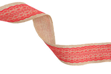 Natural burlap ribbon with red lace on white background with clipping path. concept for handmade...