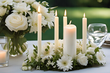 Obraz premium A delicate floral arrangement of white flowers and three white candles burning in a garden setting. (2)
