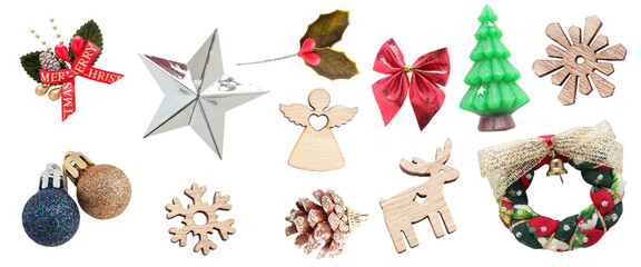 Collection of decorative Christmas, snowflake, chritstmas tree, reindeer, glass balls, red ribbon bow, silver christmas star and christmas wreath with clipping path. top view on white background. 