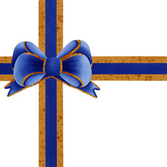 Blue ribbon bow with gold stripes isolated on transparent background 