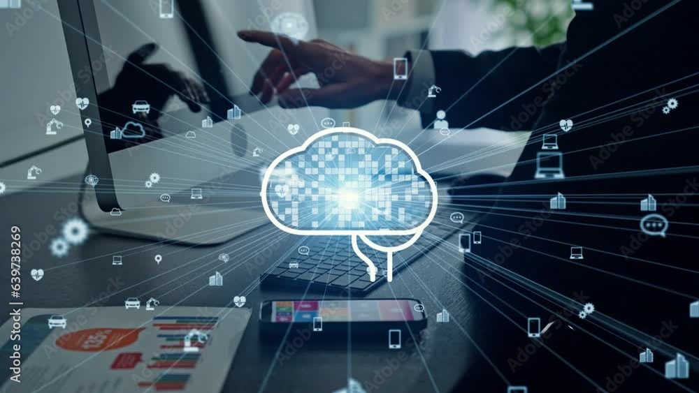 Poster Middle aged businessperson working in office and artificial intelligence concept. Conversational AI.