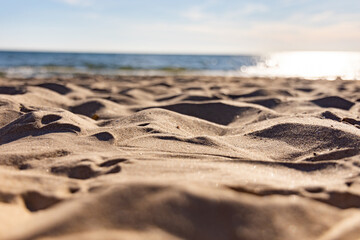Close up view of sand on beach at Grand Haven State Park in Grand Haven, Michigan, western Michigan, Lake Michigan, Great Lakes