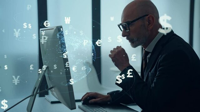 Middle aged businessperson working in office and global currency concept. Foreign exchange. Financial technology. Fintech.
