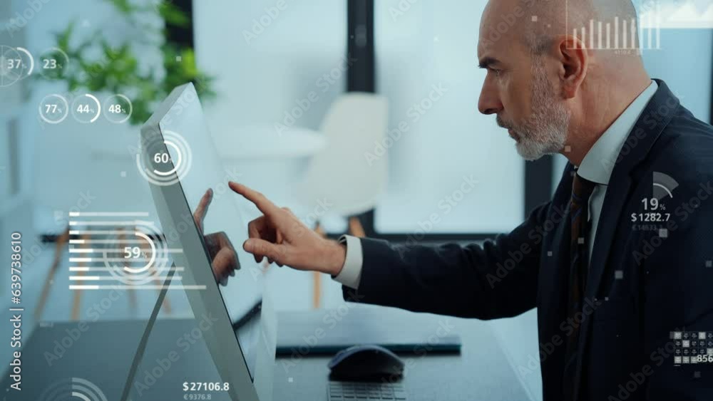 Poster middle aged businessperson working in office and statistics data concept. financial technology.