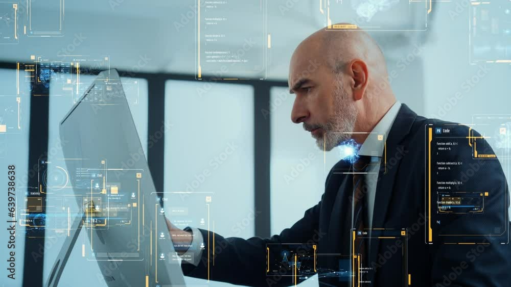 Poster middle aged businessperson working in office and digital data concept. digital transformation. manag