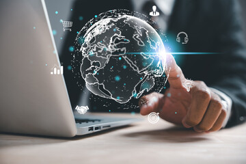 Global network connection, Businessman hand touches map point. Concept of big data analytics, business intelligence, and digital link tech. World map and line composition represent global business.