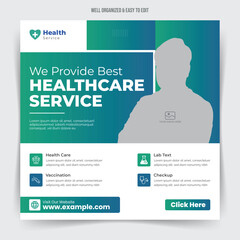 Healthcare social media post or medical square banner for hospital clinic promotion with editable content.