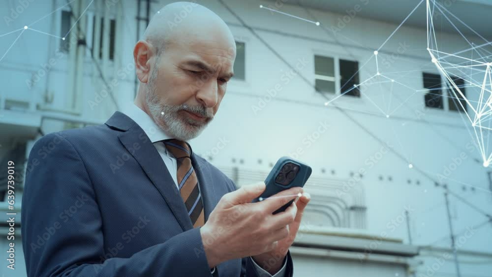 Poster middle aged businessperson using a smart phone and wireless communication network concept. mobile co