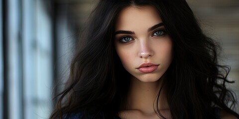 illustration of young woman, black hair, puffy cheeks, blue eyes, generative AI