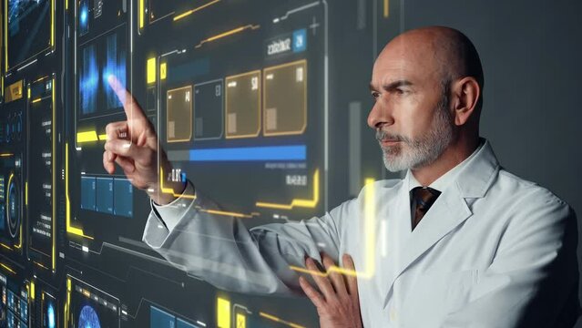 Middle aged scientist touching futuristic holographic graphical user interface. Industrial technology.
