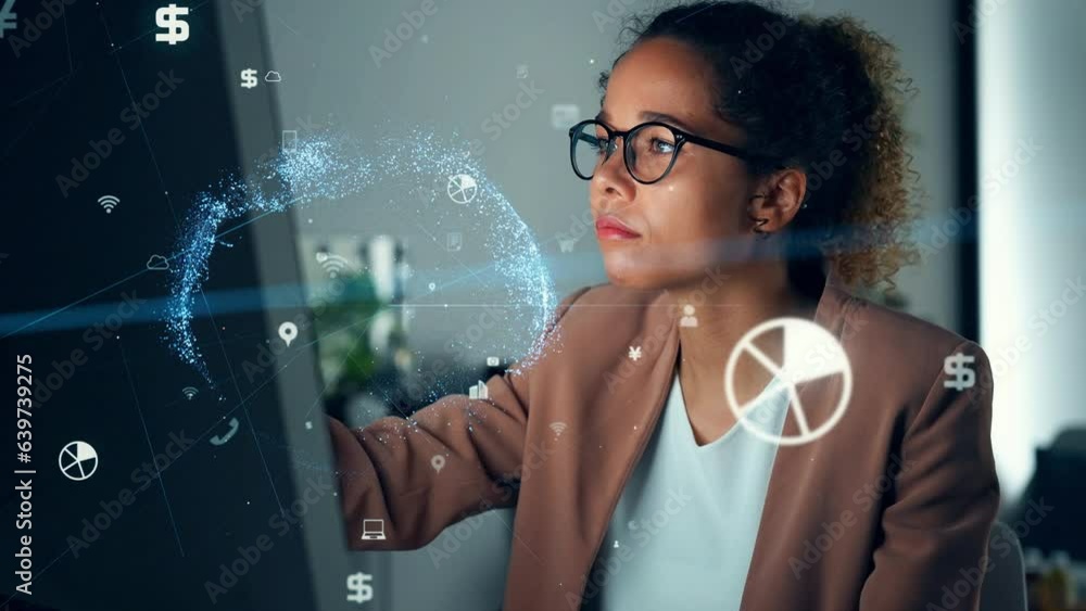 Aufkleber Young black woman working in office and communication network concept. Digital transformation. Internet of Things. Cloud computing.