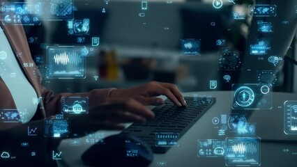 Young black woman working in office and digital data concept. Digital transformation. Management strategy. - Powered by Adobe