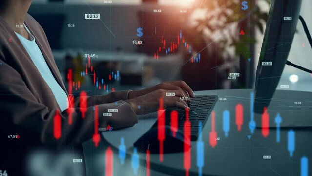 Young black woman working in office and financial chart concept. Financial technology. Management strategy.