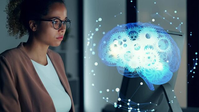 Young black woman working in office and artificial intelligence concept. Deep learning.