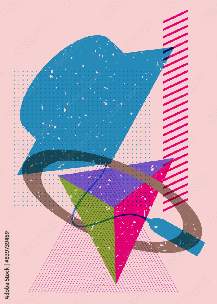 Poster graduation cap with colorful geometric shapes. education concept in trendy riso graph design. geomet