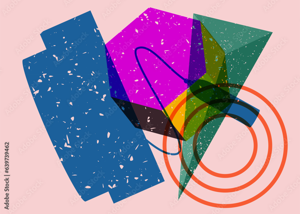 Poster graduation cap with colorful geometric shapes. education concept in trendy riso graph design. geomet