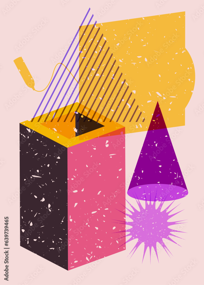 Poster graduation cap with colorful geometric shapes. education concept in trendy riso graph design. geomet