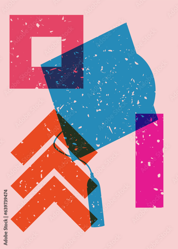 Poster graduation cap with colorful geometric shapes. education concept in trendy riso graph design. geomet