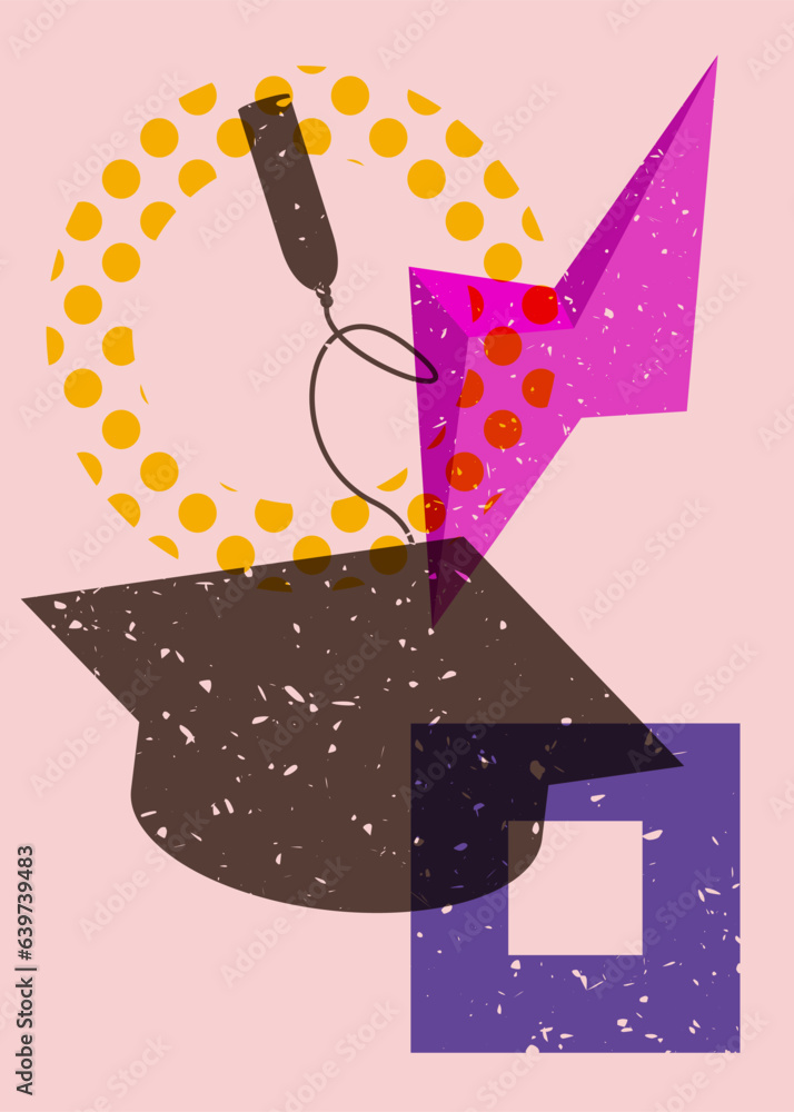 Poster graduation cap with colorful geometric shapes. education concept in trendy riso graph design. geomet