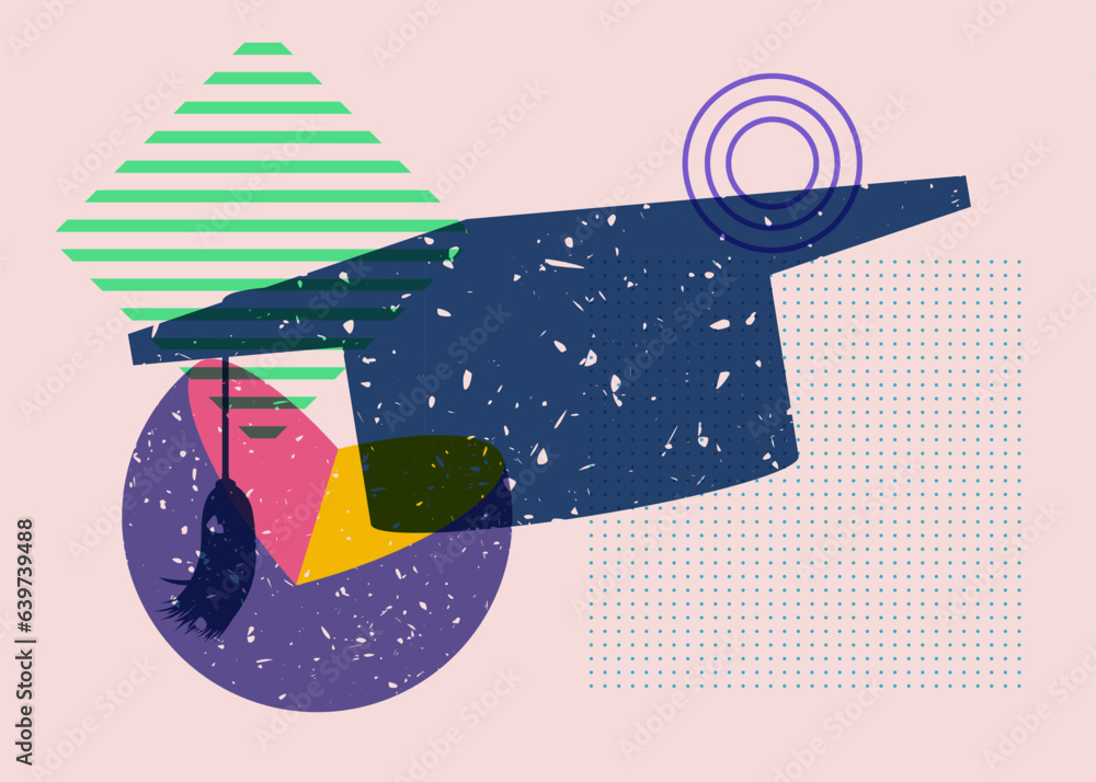 Poster graduation cap with colorful geometric shapes. education concept in trendy riso graph design. geomet