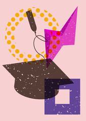 Graduation cap with colorful geometric shapes. Education concept in trendy riso graph design. Geometry elements abstract risograph print texture style.
