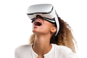 A young woman experiencing virtual reality using a VR Box on a transparent background