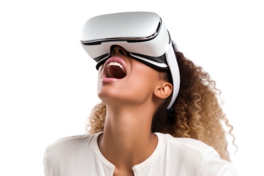 A young woman experiencing virtual reality using a VR Box on a transparent background