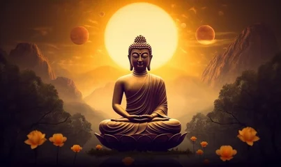 Poster Lord Buddha in meditation for Buddhist festival of Happy Buddha Purnima Vesak, Generative AI © Raool
