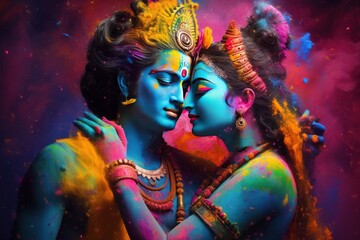 Hindu Devine couple Krishna and Radha in Holi festival concept. Generative AI