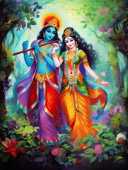 Radha Krishna, Lord Krishna, Radha Krishna Painting with colorful background, Radha Krishna Indian god Krishna Love symbol, Radha Krishna Holi, Radha, Krishana, Generative AI