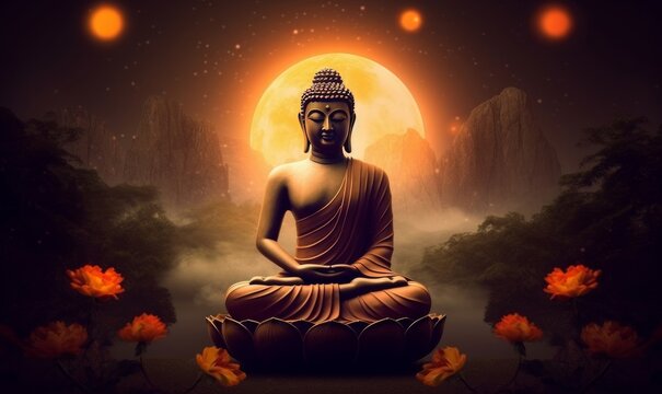 Lord Buddha in meditation for Buddhist festival of Happy Buddha Purnima Vesak, Generative AI