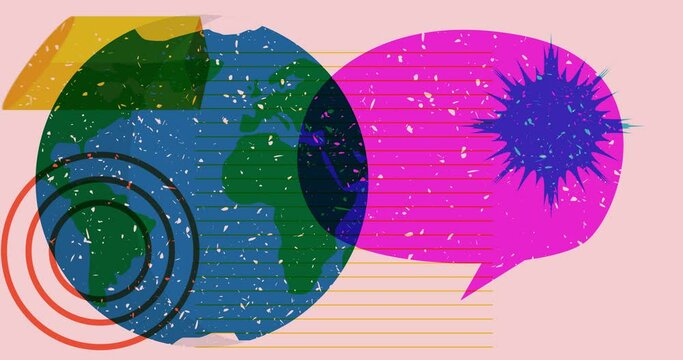 Planet Earth with speech bubble and colorful geometric shapes animation. Object in trendy riso graph design. Geometry elements abstract risograph style video.