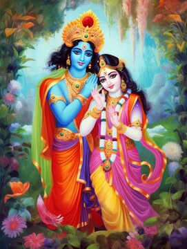 Radha Krishna, Lord Krishna, Radha Krishna Painting with colorful background, Radha Krishna Indian god Krishna Love symbol, Radha Krishna Holi, Radha, Krishana, Generative AI