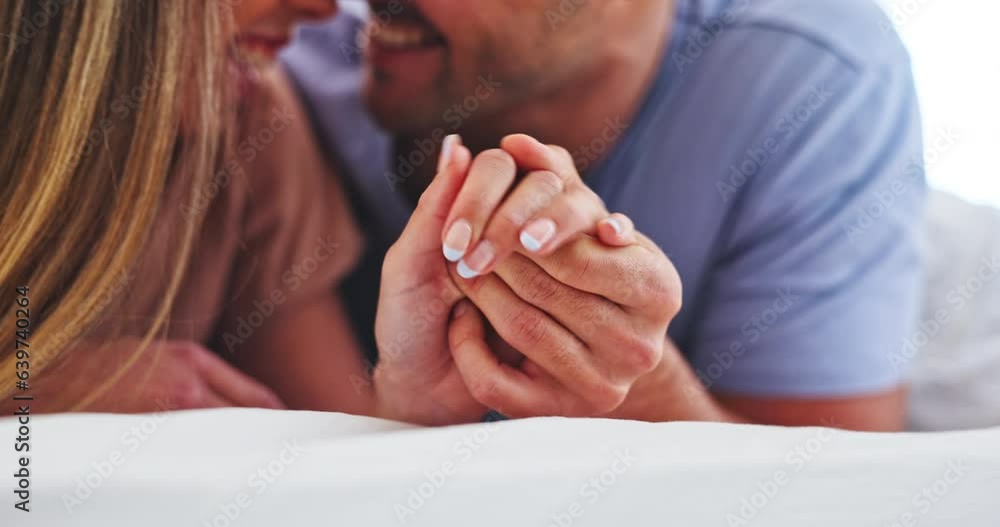 Canvas Prints Love, closeup and couple holding hands in bed for care, connection or support in apartment. Happy, marriage and zoom of man and woman with romantic, bonding and intimate moment in bedroom of home.