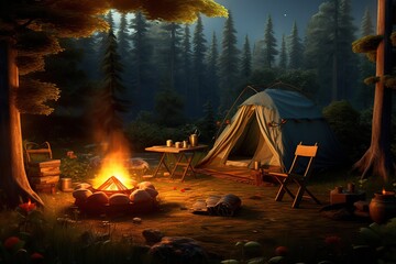 Night forest camp with tent and bonfire. Ai art