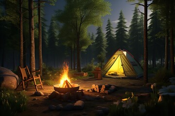 Tent and bonfire in night forest camp. Ai art
