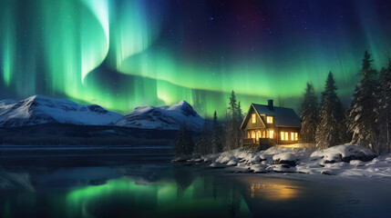 Northern lights Aurora borealis over house in winter forest. Christmas winter background.