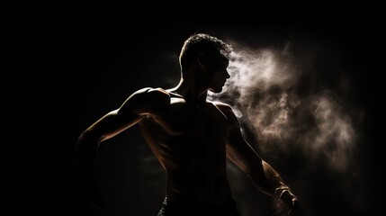 Fototapeta na wymiar Dramatic portrait of Athletic man on dark background. Martial arts athlete, AI