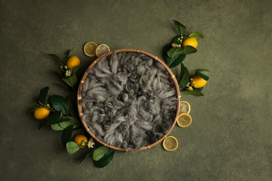 
Digital Backdrop for Newborn Photography. Props: Wicker Basket with Lemons on painted green Canvas.