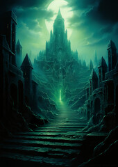 Obraz premium Illustration of a path to a citadel of eternities. Passage to eternity in lost city. Steps of a walk to eternity in an unknown place.